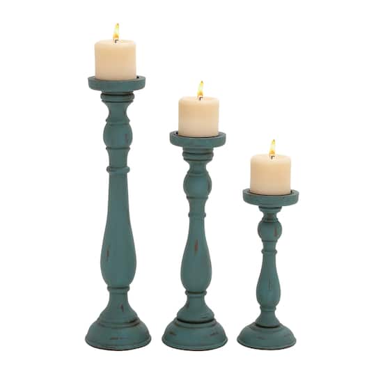 Turquoise Wood Traditional Candle Holder Set